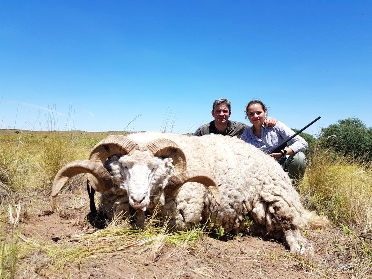 Two hunters with a huge sheep trophy, hunting in Argentina
